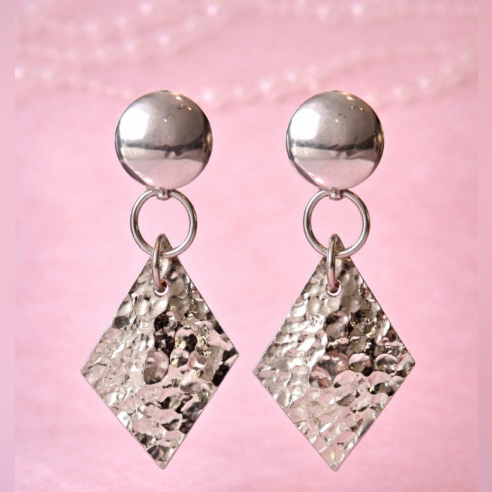Modern Silver Tone Geometric Hammered Drop Earrings | 3.5” Statement